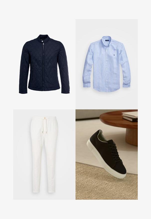 Veste matelassée bleu marine avec col montant, fermeture éclair sur le devant et deux poches latérales. Le matériau a une texture lisse avec des motifs en losange.; Chemise à rayures bleues et blanches à manches longues en coton, dotée d'un col boutonné, de boutons sur le devant et d'un petit logo brodé sur la poitrine.; Pantalons en lin blanc avec une taille à cordon, fermeture à bouton et coupe fuselée. Texture lisse avec un minimum de détails et sans motifs visibles.; Baskets noires avec semelle blanche flottant au-dessus d'un tapis texturé beige, près d'une table en bois ronde avec des livres empilés.