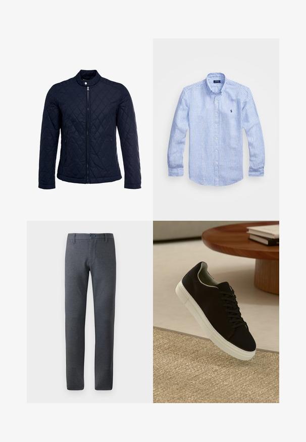 Navy quilted jacket featuring a stand-up collar, full front zip, and two side pockets. Material has a smooth texture with diamond patterns.; Blue and white striped long-sleeve shirt made of cotton, featuring a button-down collar, front buttons, and a small embroidered logo on the chest.; Gray, textured trousers with a straight fit, featuring a belt loop waistband, front pockets, and a single button closure.; Black sneaker with white sole floating above beige textured rug near round wooden table with stacked books.