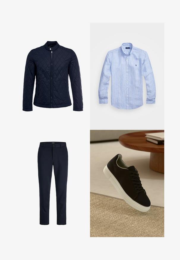 Veste matelassée bleu marine avec col montant, fermeture éclair sur le devant et deux poches latérales. Le matériau a une texture lisse avec des motifs en losange.; Chemise à rayures bleues et blanches à manches longues en coton, dotée d'un col boutonné, de boutons sur le devant et d'un petit logo brodé sur la poitrine.; Pantalons bleu marine en tissu lisse, avec une fermeture à bouton sur le devant, des passants de ceinture et des jambes fuselées sans poches.; Baskets noires avec semelle blanche flottant au-dessus d'un tapis texturé beige, près d'une table en bois ronde avec des livres empilés.