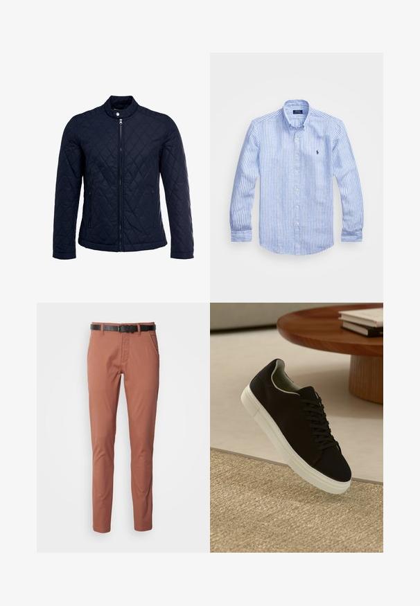 Tumesinine tikitud jakk, millel on püstine krae, täispikk tõmblukk ja kaks küljetaskut. Materjal on sileda tekstuuriga ja kaunistatud rombikujuliste mustritega.; Sinine ja valge triibuline pikkade varrukatega särk, mis on valmistatud puuvillast, ning millel on nööbitav krae, esi-nööbid ja väikese tikandiga logo rinnal.; Roostevärvi chinos libisemise lõikega, musta nahkvööga, küljetaskutega ja siledast kangast tekstuuriga.; Mustad musta tossuga valge tallaga, mis hõljub beeži tekstuuriga vaiba kohal, ümaral puidust laual, mille peal on kokku virnastatud raamatud.