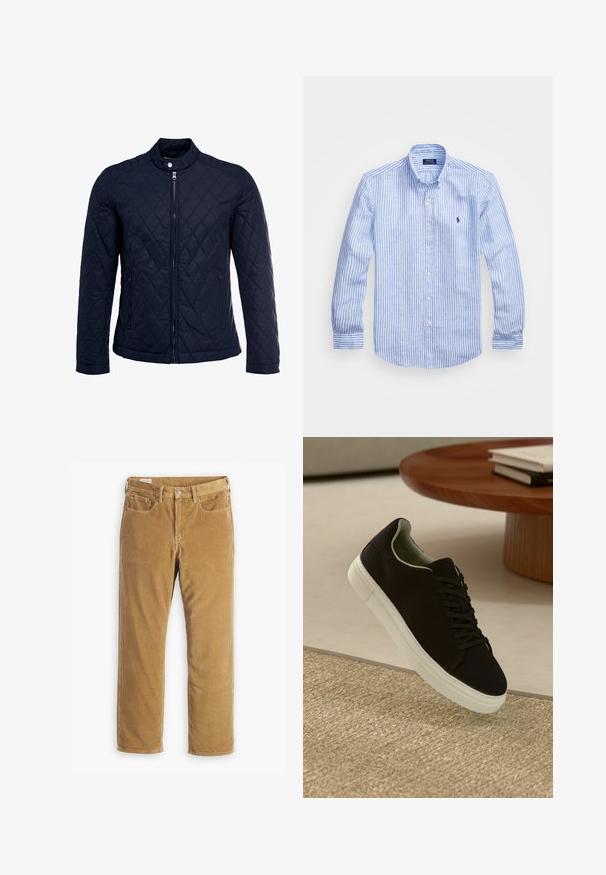 Tengerész kék steppelt dzseki, állógallérral, teljes előlapi cipzárral és két oldalsó zsebbel. Az anyag sima textúrájú, gyémánt mintázattal.; Kék és fehér csíkos, hosszú ujjú pamut ing, gombos gallérral, elől gombokkal és egy kis hímzett logóval a mellkason.; Levi's® 568 LOOSE STRAIGHT - Bő szabású farmernadrág - ermine; Fekete sneakers fehér talppal lebeg egy bézs textúrájú szőnyeg felett, egy kerek fából készült asztal közelében, rajta egymásra pakolt könyvekkel.