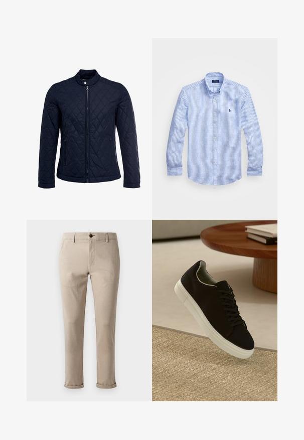 Granatowa pikowana kurtka z stojącym kołnierzem, pełnym zamkiem błyskawicznym i dwoma bocznymi kieszeniami. Materiał ma gładką teksturę z diamentowym wzorem.; Niebiesko-biała, w paski, koszula z długim rękawem, wykonana z bawełny, z kołnierzykiem zapinanym na guziki, guzikami z przodu oraz małym haftowanym logo na klatce piersiowej.; Jack & Jones - Chinosy; Czarny sneaker z białą podeszwą unoszący się nad beżowym, teksturowanym dywanem w pobliżu okrągłego drewnianego stołu z poukładanymi książkami.