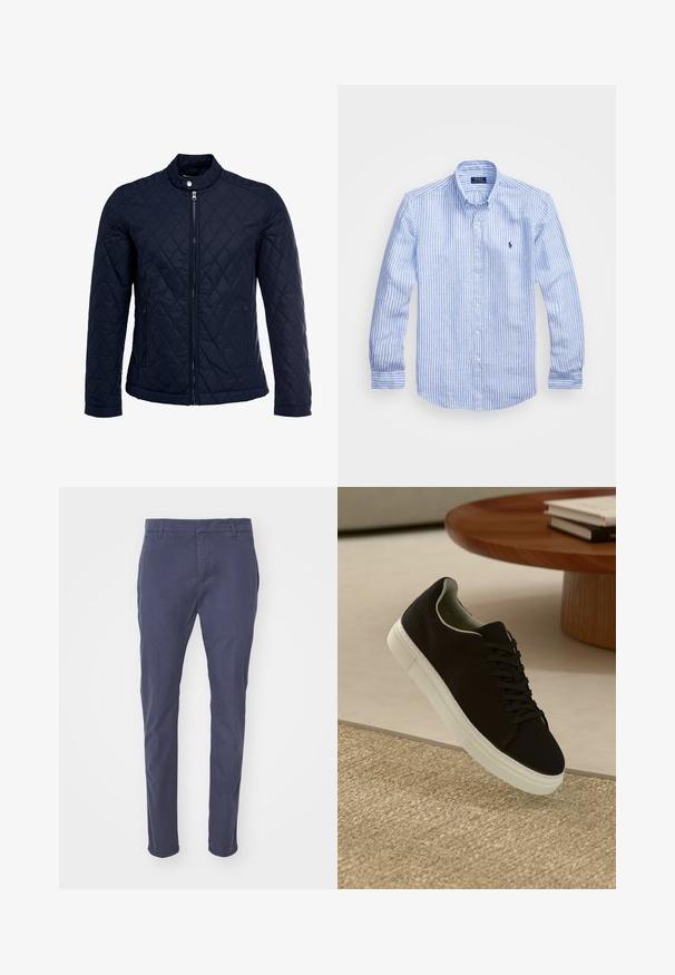 Veste matelassée bleu marine avec col montant, fermeture éclair sur le devant et deux poches latérales. Le matériau a une texture lisse avec des motifs en losange.; Chemise à rayures bleues et blanches à manches longues en coton, dotée d'un col boutonné, de boutons sur le devant et d'un petit logo brodé sur la poitrine.; Pantalon bleu marine à coupe slim, fabriqué en coton léger. Il comprend des passants de ceinture, des poches latérales et une finition lisse.; Baskets noires avec semelle blanche flottant au-dessus d'un tapis texturé beige, près d'une table en bois ronde avec des livres empilés.