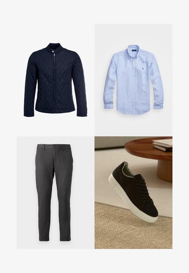 Marineblauwe gewatteerde jas met een staande kraag, volledige ritssluiting aan de voorkant en twee zijzakken. Materiaal heeft een gladde textuur met ruitpatronen.; Blauw-wit gestreept overhemd met lange mouwen van katoen, met een button-down kraag, knopen aan de voorkant en een klein geborduurd logo op de borst.; Only & Sons MARK CHECK - Chino - coffee bean; Zwarte sneaker met witte zool die boven een beige gestructureerd tapijt zweeft, nabij een ronde houten tafel met gestapelde boeken.