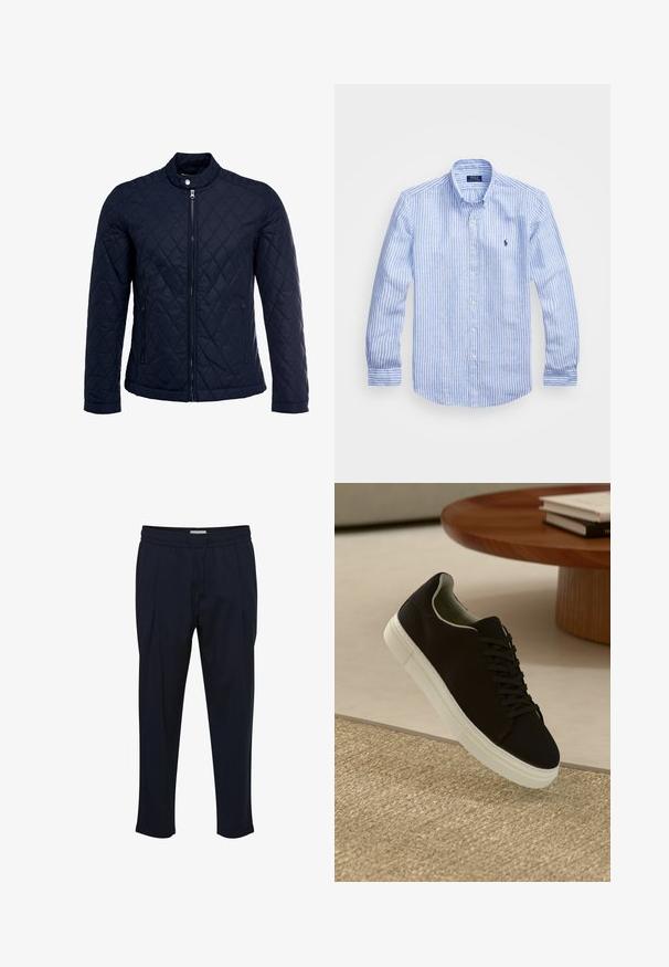 Námořnická prošívaná bunda s vysokým límcem, plným zipem a dvěma bočními kapsami. Materiál má hladkou texturu s diamantovým vzorem.; Modrá a bílá pruhovaná košile s dlouhým rukávem vyrobená z bavlny, s límcem na knoflíky, předními knoflíky a malým vyšitým logem na hrudi.; Námořnicky modré kalhoty na míru s úpravou v pase na šňůrku, na přední straně plisované a se zúženými kotníky. Vyrobeny z hladkého, lehkého materiálu.; Černé tenisky s bílou podrážkou plující nad béžovým texturovaným kobercem poblíž kulatého dřevěného stolu se stohovanými knihami.