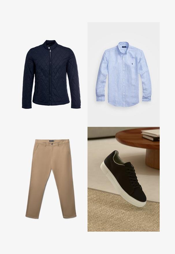 Giacca trapuntata blu navy con colletto alto, zip frontale completa e due tasche laterali. Il materiale ha una texture liscia con motivi a rombi.; Camicia a maniche lunghe a righe bianche e blu in cotone, con colletto button-down, bottoni frontali e un piccolo logo ricamato sul petto.; Pantaloni leggeri beige con una texture liscia, gambe dritte, tasche anteriori e chiusura con bottone. Presentano un'etichetta del marchio discreta sopra la vita.; Sneaker nero con suola bianca che flotta sopra un tappeto beige testurizzato vicino a un tavolo rotondo in legno con libri impilati.