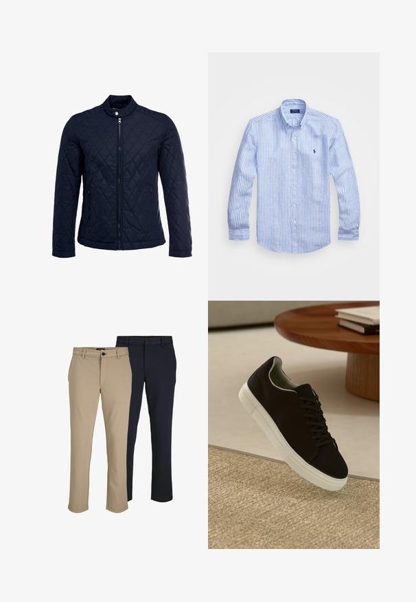 Navy quilted jacket featuring a stand-up collar, full front zip, and two side pockets. Material has a smooth texture with diamond patterns.; Blue and white striped long-sleeve shirt made of cotton, featuring a button-down collar, front buttons, and a small embroidered logo on the chest.; Two pairs of tailored trousers; one beige and one navy. Features a flat front, belt loops, and top button closure. Smooth fabric texture.; Black sneaker with white sole floating above beige textured rug near round wooden table with stacked books.