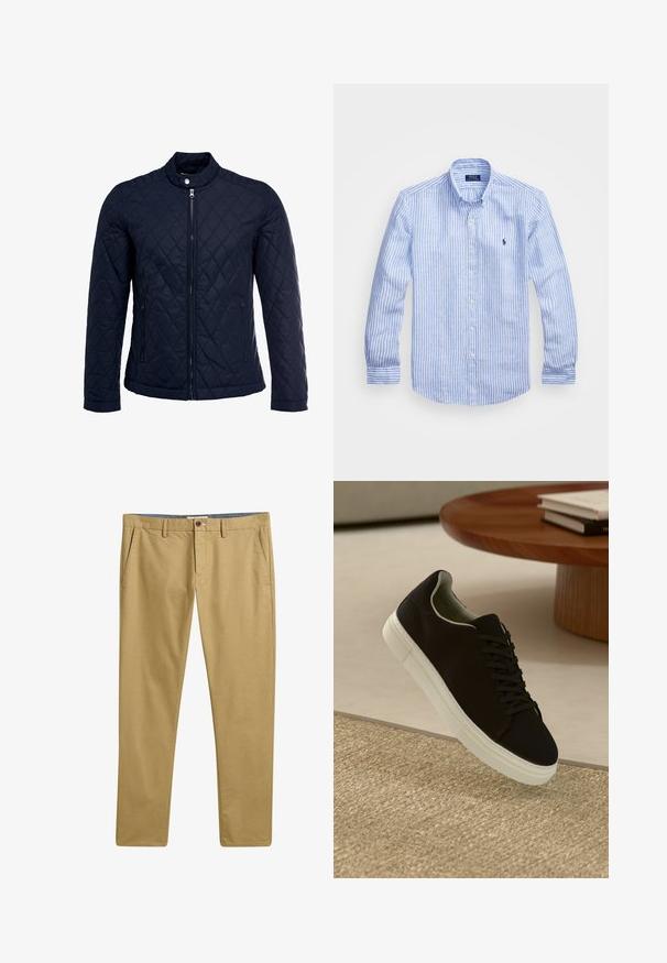 Giacca trapuntata blu navy con colletto alto, zip frontale completa e due tasche laterali. Il materiale ha una texture liscia con motivi a rombi.; Camicia a maniche lunghe a righe bianche e blu in cotone, con colletto button-down, bottoni frontali e un piccolo logo ricamato sul petto.; Chinos khaki con una texture di tessuto liscia, design a gamba dritta, tasche frontali e chiusura con bottone. Vita strutturata con passanti per cintura.; Sneaker nero con suola bianca che flotta sopra un tappeto beige testurizzato vicino a un tavolo rotondo in legno con libri impilati.