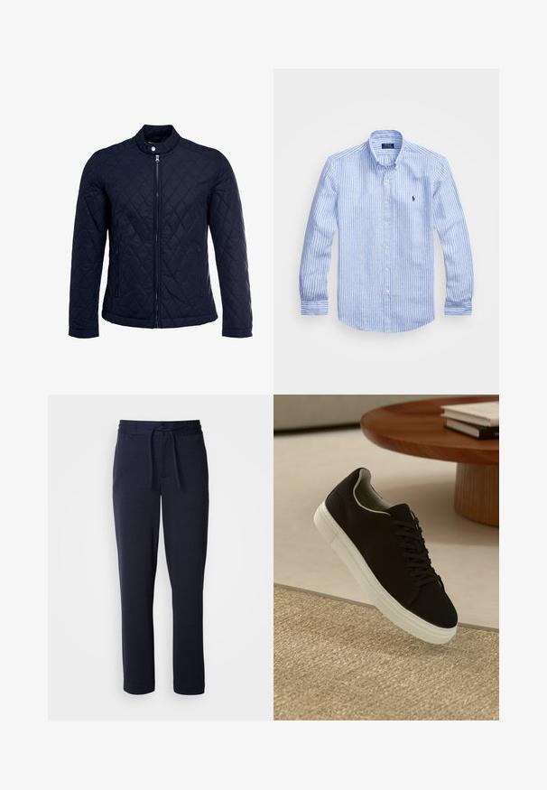 Marinefarbenes wattiertes Jackett mit Stehkragen, durchgehendem Reißverschluss und zwei seitlichen Taschen. Das Material hat eine glatte Textur mit Rautenmuster.; Blau-weißer gestreifter Langarmshirt aus Baumwolle mit einem Button-Down-Kragen, Frontknöpfen und einem kleinen gestickten Logo auf der Brust.; Navyblaue Jogginghosen aus weichem Stoff, mit einem elastischen Bund und Kordelzug, schmal zulaufendem Bein und ohne sichtbare Muster oder Taschen.; Schwarze Sneakers mit weißer Sohle, die über einem beige strukturierten Teppich schweben, in der Nähe eines runden Holztisches mit gestapelten Büchern.