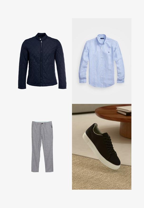 Veste matelassée bleu marine avec col montant, fermeture éclair sur le devant et deux poches latérales. Le matériau a une texture lisse avec des motifs en losange.; Chemise à rayures bleues et blanches à manches longues en coton, dotée d'un col boutonné, de boutons sur le devant et d'un petit logo brodé sur la poitrine.; Pantalon gris à jambe droite en tissu texturé. Il dispose d'une fermeture à bouton, de passants de ceinture et d'une petite poche latérale.; Baskets noires avec semelle blanche flottant au-dessus d'un tapis texturé beige, près d'une table en bois ronde avec des livres empilés.