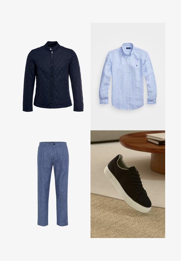 Jūras spēku krāsas nokrāsots džemperis ar izšūtu apkakli, pilnu priekšējo rāvējslēdzēju un divām sānu kabatām. Materiāls ir ar gludu faktūru, ar dimanta rakstiem.; Zila un baltā svītru garām piedurknēm krekls izgatavots no kokvilnas, ar pogājamu apkakli, priekšējām pogām un nelielu izšūtu logotipu uz krūtīm.; Zili chambray bikses ar vaļīgu piegriezumu, kas satur priekšējo krokas, sānu kabatas un vienu pogu jostasvietā.; Melni sporta apavi ar baltu zoli, kas peld virs bēša tekstūrēta paklāja netālu no apaļa koka galda ar sakrautiem grāmatām.