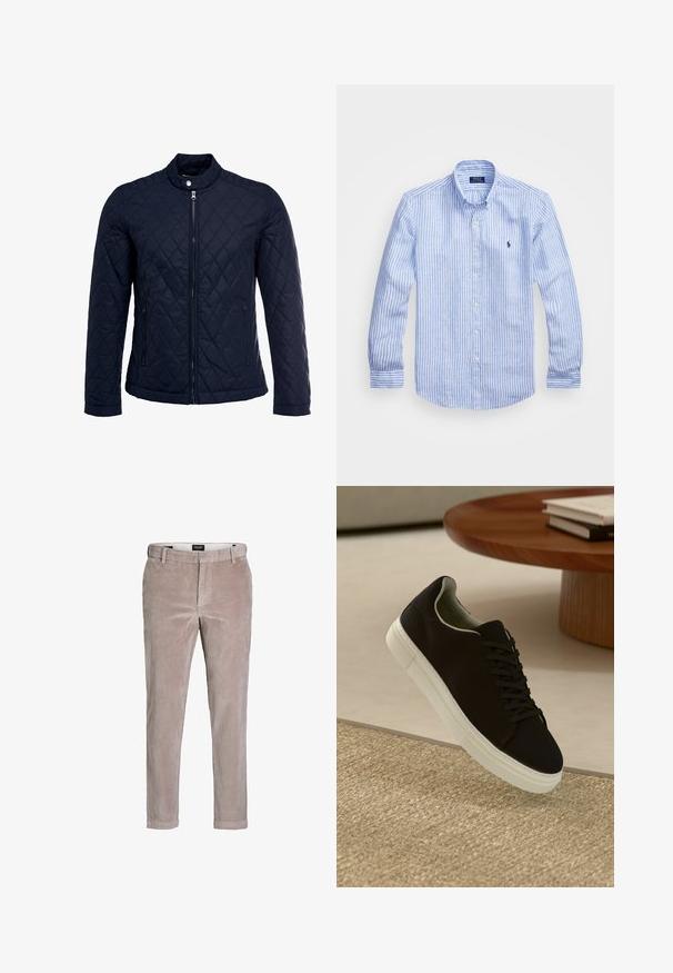 Mornarsko podloženo jakno z dvignjenim ovratnikom, polnim zadrgo in dvema stranskima žepoma. Material ima gladko teksturo s diamantnimi vzorci.; Modra in bela prugasta srajca z dolgimi rokavi iz bombaža, s kragnico na gumb, sprednjimi gumbi in majhnim izvezenim logotipom na prsih.; Svetlobruni ozki kordurojski hlače s gumbom in zankami za pas, zasnovane za sproščeno ali polformalno nošenje.; Črni športni copat z belim podplatom lebdi nad bež teksturiranim preprogam blizu okroglega lesenega mize z zloženimi knjigami.