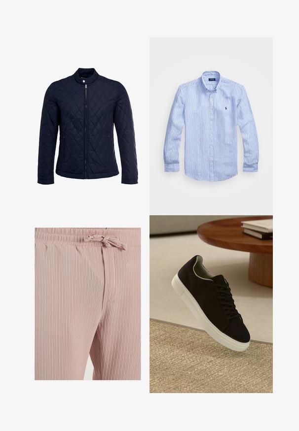 Námorníkovo prešívané sako s vysokým golierom, plným predným zipsom a dvoma bočnými vreckami. Materiál má hladkú textúru s diamantom vzorom.; Modrá a biela prúžkovaná košeľa s dlhými rukávmi vyrobená z bavlny, vybavená golierom na gombíky, prednými gombíkmi a malým vyšitým logom na hrudi.; Ružové rebrované nohavice z látky s elastickým pásom a šnúrkou na stiahnutie. Obsahujú bočné vrecká a vertikálnu textúru po celom povrchu.; Čierna teniska s bielou podrážkou plávajúca nad béžovým textúrovaným kobercom pri okrúhlom drevenom stole s hromadou kníh.