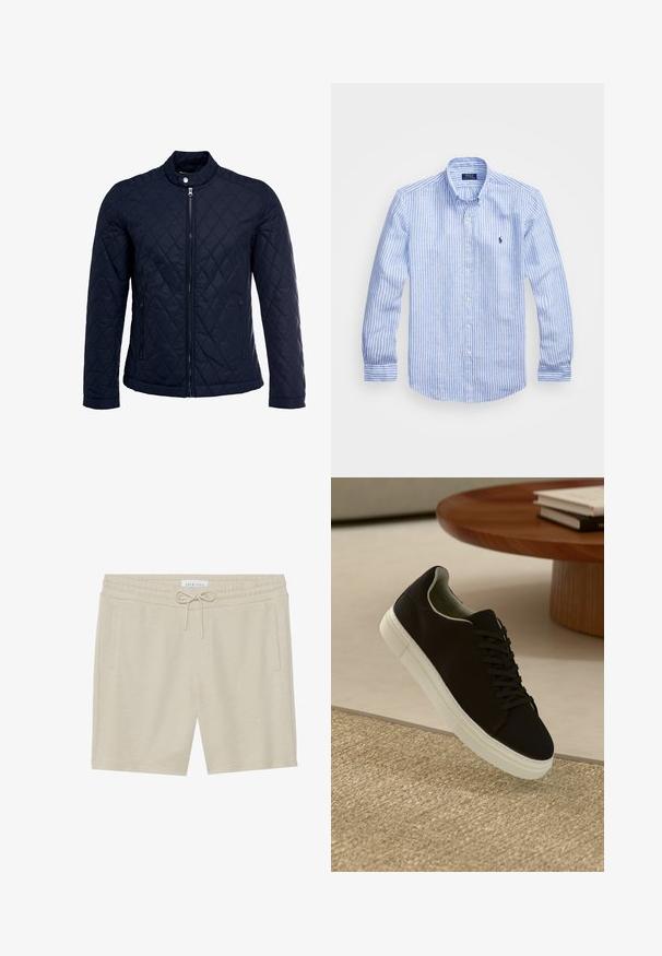 Marineblauwe gewatteerde jas met een staande kraag, volledige ritssluiting aan de voorkant en twee zijzakken. Materiaal heeft een gladde textuur met ruitpatronen.; Blauw-wit gestreept overhemd met lange mouwen van katoen, met een button-down kraag, knopen aan de voorkant en een klein geborduurd logo op de borst.; Khaki kleurige shorts gemaakt van zachte stof, met een tailleband met trekkoord, twee zijzakken en een relaxte pasvorm.; Zwarte sneaker met witte zool die boven een beige gestructureerd tapijt zweeft, nabij een ronde houten tafel met gestapelde boeken.