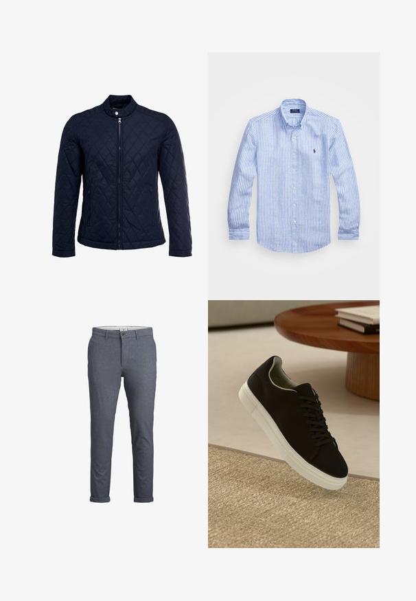 Tumesinine tikitud jakk, millel on püstine krae, täispikk tõmblukk ja kaks küljetaskut. Materjal on sileda tekstuuriga ja kaunistatud rombikujuliste mustritega.; Sinine ja valge triibuline pikkade varrukatega särk, mis on valmistatud puuvillast, ning millel on nööbitav krae, esi-nööbid ja väikese tikandiga logo rinnal.; Meeste kohandatud püksid tumesinises herringbone mustris, millel on nupuga kinnitamine, sujuv disain ja keeratud sääreotsad. Valmistatud kergest kangast.; Mustad musta tossuga valge tallaga, mis hõljub beeži tekstuuriga vaiba kohal, ümaral puidust laual, mille peal on kokku virnastatud raamatud.