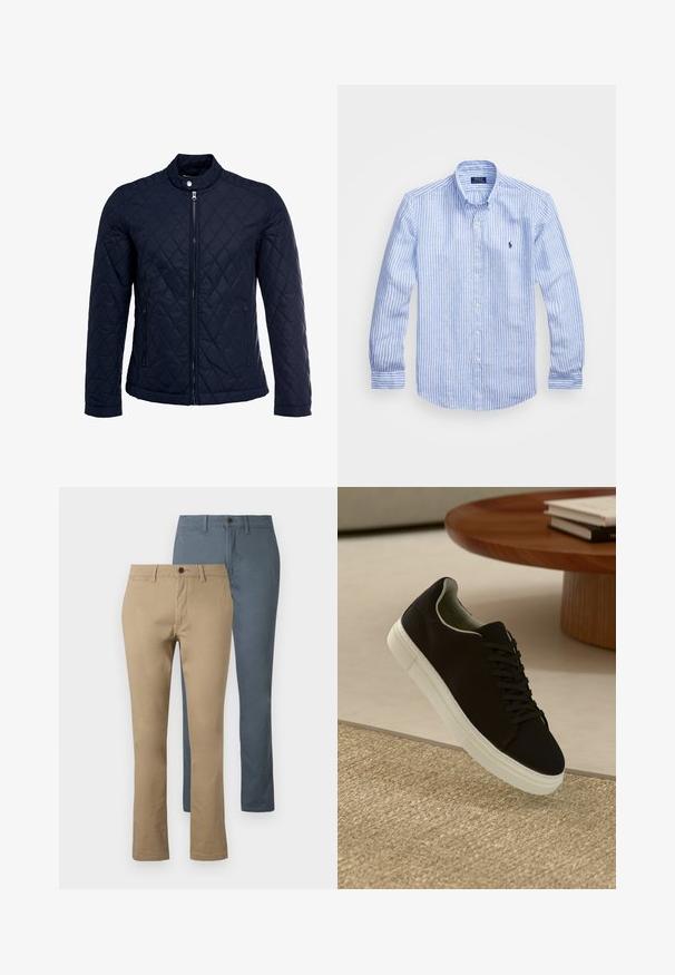 Jūras spēku krāsas nokrāsots džemperis ar izšūtu apkakli, pilnu priekšējo rāvējslēdzēju un divām sānu kabatām. Materiāls ir ar gludu faktūru, ar dimanta rakstiem.; Zila un baltā svītru garām piedurknēm krekls izgatavots no kokvilnas, ar pogājamu apkakli, priekšējām pogām un nelielu izšūtu logotipu uz krūtīm.; divi taisni kāju bikses: vienas khaki krāsas un otras tumši zilas. Izgatavotas no kokvilnas; ar jostasvietu un pogu aizdari.; Melni sporta apavi ar baltu zoli, kas peld virs bēša tekstūrēta paklāja netālu no apaļa koka galda ar sakrautiem grāmatām.