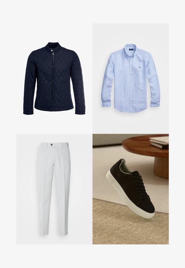 Navy quilted jacket featuring a stand-up collar, full front zip, and two side pockets. Material has a smooth texture with diamond patterns.; Blue and white striped long-sleeve shirt made of cotton, featuring a button-down collar, front buttons, and a small embroidered logo on the chest.; Light gray trousers made of textured fabric, featuring a button closure, flat front, and tapered legs for a streamlined fit.; Black sneaker with white sole floating above beige textured rug near round wooden table with stacked books.