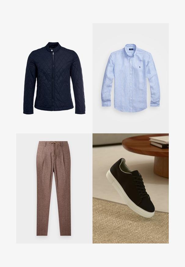 Mörkblå vadderad jacka med ståkrage, fullständig dragkedja framtill och två sidofickor. Tyget har en slät yta med diamantmönster.; Blå och vit randig långärmad skjorta i bomull, med en knapp ner-krage, framknappar och en liten broderad logotyp på bröstet.; Bruna byxor med struktur och fiskbensmönster, med dragsko i midjan och två framfickor. Raka ben.; Svart sneakers med vit sula svävande över en beige texturerad matta nära ett runt träbord med staplade böcker.