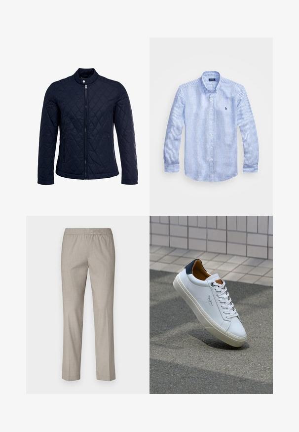 Námorníkovo prešívané sako s vysokým golierom, plným predným zipsom a dvoma bočnými vreckami. Materiál má hladkú textúru s diamantom vzorom.; Modrá a biela prúžkovaná košeľa s dlhými rukávmi vyrobená z bavlny, vybavená golierom na gombíky, prednými gombíkmi a malým vyšitým logom na hrudi.; Svetlošedé nohavice s elastickým pásom, priame nohy a hladkou textúrou látky. Žiadne viditeľné vzory ani kovové detaily.; Biele kožené tenisky s námorníckym opätkom, okrúhlou špičkou a kontrastnými hnedými akcentami. Majú ploché šnúrky a textúrovanú gumovú podrážku.