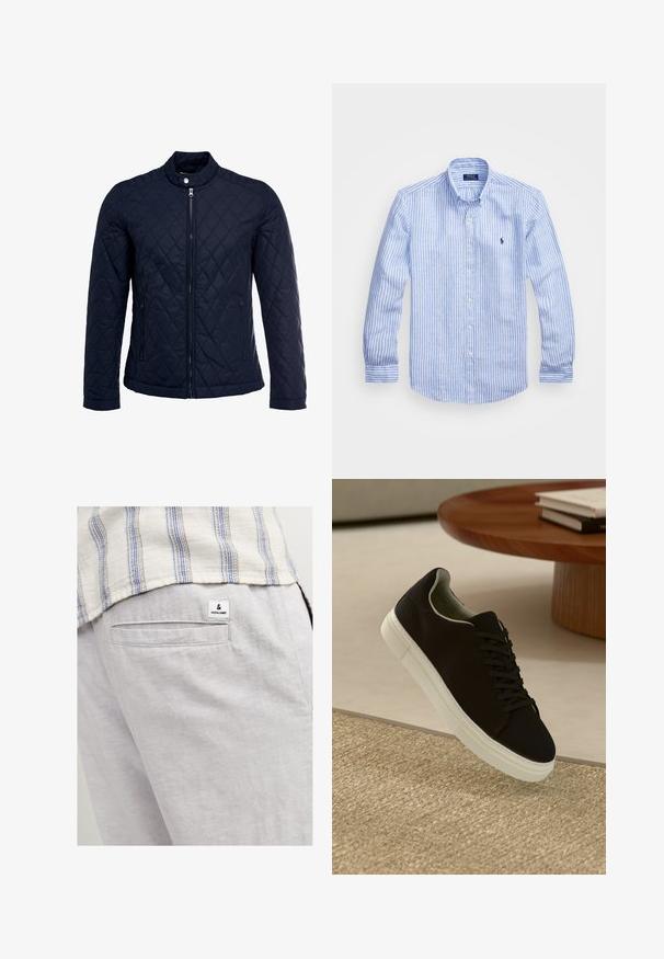 Veste matelassée bleu marine avec col montant, fermeture éclair sur le devant et deux poches latérales. Le matériau a une texture lisse avec des motifs en losange.; Chemise à rayures bleues et blanches à manches longues en coton, dotée d'un col boutonné, de boutons sur le devant et d'un petit logo brodé sur la poitrine.; Pantalon en lin gris clair avec une poche arrière et une petite étiquette de marque. Le tissu a une apparence douce et texturée.; Baskets noires avec semelle blanche flottant au-dessus d'un tapis texturé beige, près d'une table en bois ronde avec des livres empilés.