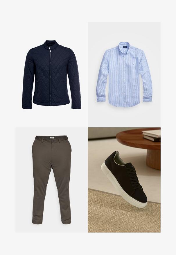 Marineblauwe gewatteerde jas met een staande kraag, volledige ritssluiting aan de voorkant en twee zijzakken. Materiaal heeft een gladde textuur met ruitpatronen.; Blauw-wit gestreept overhemd met lange mouwen van katoen, met een button-down kraag, knopen aan de voorkant en een klein geborduurd logo op de borst.; Jack & Jones JPSTMARCO JJCOOPER - Chino - wren; Zwarte sneaker met witte zool die boven een beige gestructureerd tapijt zweeft, nabij een ronde houten tafel met gestapelde boeken.