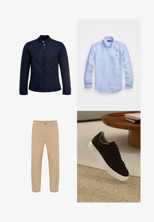 Giacca trapuntata blu navy con colletto alto, zip frontale completa e due tasche laterali. Il materiale ha una texture liscia con motivi a rombi.; Camicia a maniche lunghe a righe bianche e blu in cotone, con colletto button-down, bottoni frontali e un piccolo logo ricamato sul petto.; Pantaloni beige con una superficie tessile liscia, dotati di chiusura con bottone e due pieghe frontali. Design a gamba dritta con tasche.; Sneaker nero con suola bianca che flotta sopra un tappeto beige testurizzato vicino a un tavolo rotondo in legno con libri impilati.