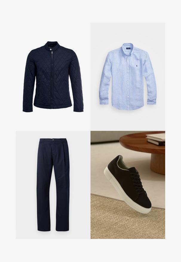 Jūras spēku krāsas nokrāsots džemperis ar izšūtu apkakli, pilnu priekšējo rāvējslēdzēju un divām sānu kabatām. Materiāls ir ar gludu faktūru, ar dimanta rakstiem.; Zila un baltā svītru garām piedurknēm krekls izgatavots no kokvilnas, ar pogājamu apkakli, priekšējām pogām un nelielu izšūtu logotipu uz krūtīm.; Jūras zila bikses, izgatavotas no auduma ar gludu tekstūru, ar taisnām kājām, pogu aizdari un vienu priekšējo krokā.; Melni sporta apavi ar baltu zoli, kas peld virs bēša tekstūrēta paklāja netālu no apaļa koka galda ar sakrautiem grāmatām.