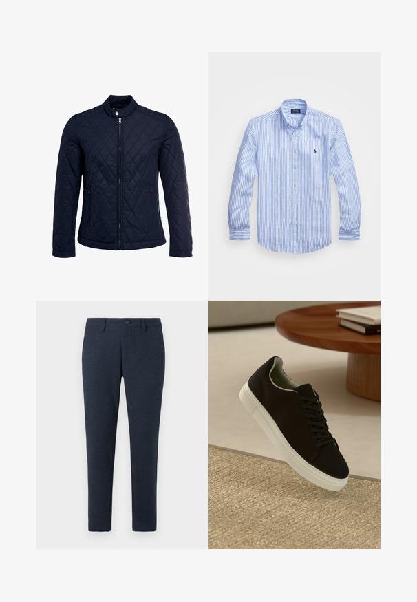 Casaco acolchoado azul-marinho com gola elevada, fecho de correr à frente e dois bolsos laterais. O material tem uma textura suave com padrões de diamante.; Camisa de manga longa azul e branca com riscas, feita de algodão, apresentando um colarinho abotoado, botões frontais e um pequeno logotipo bordado no peito.; Calças escuras de ajuste slim em azul-marinho, com passadores de cinto, fecho de botão frontal e bolsos frontais, exibidas sobre um fundo branco.; Sneaker preto com sola branca flutuando acima de um tapete texturizado bege, perto de uma mesa redonda de madeira com livros empilhados.