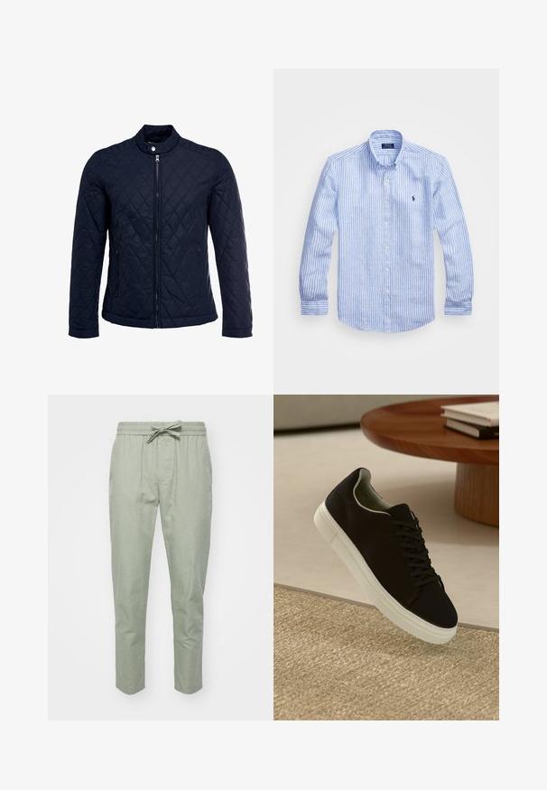 Navy quilted jacket featuring a stand-up collar, full front zip, and two side pockets. Material has a smooth texture with diamond patterns.; Blue and white striped long-sleeve shirt made of cotton, featuring a button-down collar, front buttons, and a small embroidered logo on the chest.; Light green, tapered trousers with an elastic waistband and adjustable drawstring; made of soft, textured fabric for comfort.; Black sneaker with white sole floating above beige textured rug near round wooden table with stacked books.