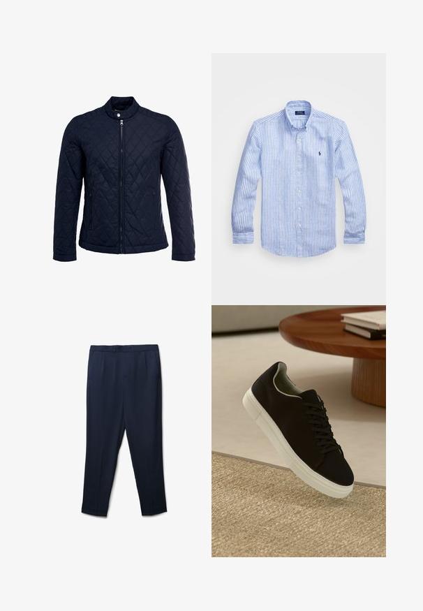 Veste matelassée bleu marine avec col montant, fermeture éclair sur le devant et deux poches latérales. Le matériau a une texture lisse avec des motifs en losange.; Chemise à rayures bleues et blanches à manches longues en coton, dotée d'un col boutonné, de boutons sur le devant et d'un petit logo brodé sur la poitrine.; Pantalons taillés bleu marine en tissu lisse, featuring une taille plate, des poches latérales, et une jambe légèrement effilée.; Baskets noires avec semelle blanche flottant au-dessus d'un tapis texturé beige, près d'une table en bois ronde avec des livres empilés.