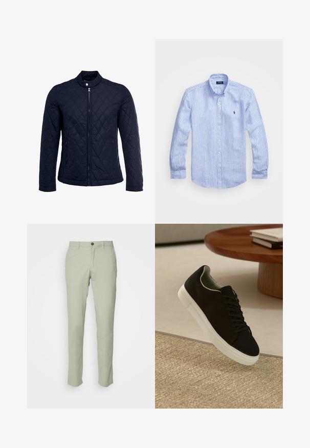 Navy quilted jacket featuring a stand-up collar, full front zip, and two side pockets. Material has a smooth texture with diamond patterns.; Blue and white striped long-sleeve shirt made of cotton, featuring a button-down collar, front buttons, and a small embroidered logo on the chest.; Jack & Jones JPSTMARCO NOOS - Chinos - desert sage; Black sneaker with white sole floating above beige textured rug near round wooden table with stacked books.