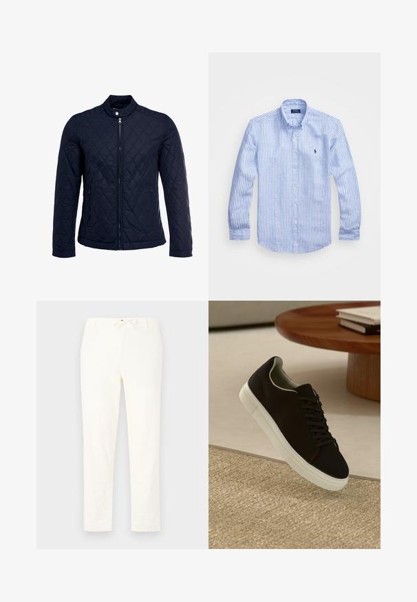 Granatowa pikowana kurtka z stojącym kołnierzem, pełnym zamkiem błyskawicznym i dwoma bocznymi kieszeniami. Materiał ma gładką teksturę z diamentowym wzorem.; Niebiesko-biała, w paski, koszula z długim rękawem, wykonana z bawełny, z kołnierzykiem zapinanym na guziki, guzikami z przodu oraz małym haftowanym logo na klatce piersiowej.; Białe, lekkie spodnie lniane z elastycznym pasem. Prosta nogawka, minimalna tekstura i brak widocznych wzorów czy detali hardware.; Czarny sneaker z białą podeszwą unoszący się nad beżowym, teksturowanym dywanem w pobliżu okrągłego drewnianego stołu z poukładanymi książkami.