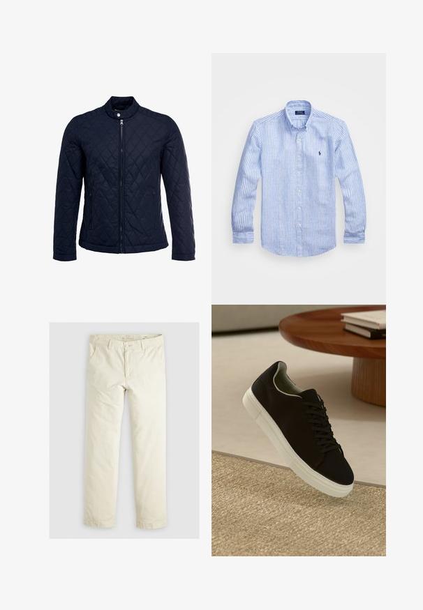 Navy quilted jacket featuring a stand-up collar, full front zip, and two side pockets. Material has a smooth texture with diamond patterns.; Blue and white striped long-sleeve shirt made of cotton, featuring a button-down collar, front buttons, and a small embroidered logo on the chest.; Light beige loose-fit pants with three pockets, belt loops, and a straight leg design. Made from a soft cotton blend fabric.; Black sneaker with white sole floating above beige textured rug near round wooden table with stacked books.