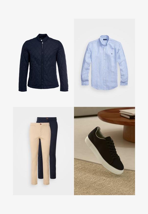 Granatowa pikowana kurtka z stojącym kołnierzem, pełnym zamkiem błyskawicznym i dwoma bocznymi kieszeniami. Materiał ma gładką teksturę z diamentowym wzorem.; Niebiesko-biała, w paski, koszula z długim rękawem, wykonana z bawełny, z kołnierzykiem zapinanym na guziki, guzikami z przodu oraz małym haftowanym logo na klatce piersiowej.; Chino w kolorze beżowym i granatowym, o wąskim kroju, wykonane z gładkiej bawełny, z kieszeniami z przodu i zapięciem na guzik.; Czarny sneaker z białą podeszwą unoszący się nad beżowym, teksturowanym dywanem w pobliżu okrągłego drewnianego stołu z poukładanymi książkami.