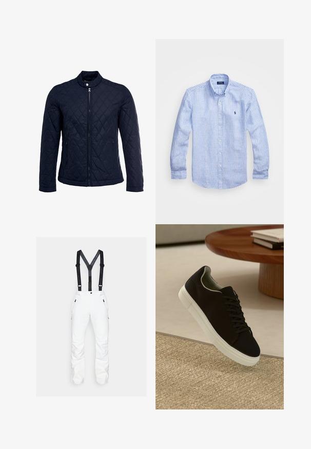 Casaco acolchoado azul-marinho com gola elevada, fecho de correr à frente e dois bolsos laterais. O material tem uma textura suave com padrões de diamante.; Camisa de manga longa azul e branca com riscas, feita de algodão, apresentando um colarinho abotoado, botões frontais e um pequeno logotipo bordado no peito.; Calças de neve brancas com suspensórios pretos ajustáveis, bolsos laterais com zíper e pernas inferiores reforçadas. Tecido suave com um design elegante.; Sneaker preto com sola branca flutuando acima de um tapete texturizado bege, perto de uma mesa redonda de madeira com livros empilhados.