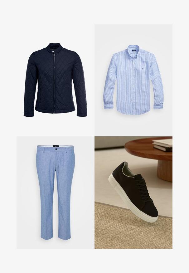 Μπλε τζάκετ με κουβέρτα, χαρακτηρισμένο με όρθιο γιακά, πλήρη μπροστινό φερμουάρ και δύο πλάγιες τσέπες. Το υλικό έχει λεία υφή με διαμαντόσχημα μοτίβα.; Μπλε και λευκή ριγέ μακρυμάνικη μπλούζα από βαμβάκι, με κλασικό γιακά, εμπρόσθια κουμπιά και ένα μικρό κεντημένο λογότυπο στο στήθος.; Ανοιχτό μπλε παντελόνι από υφασμάτινη ύφανση, με ίσια γραμμή, θηλιές ζώνης και ένα μόνο κλείσιμο μπροστά με κουμπί.; Μαύρο αθλητικό παπούτσι με λευκή σόλα που αιωρείται πάνω από μπεζ υφή χαλιού κοντά σε στρογγυλό ξύλινο τραπέζι με στοίβες βιβλίων.