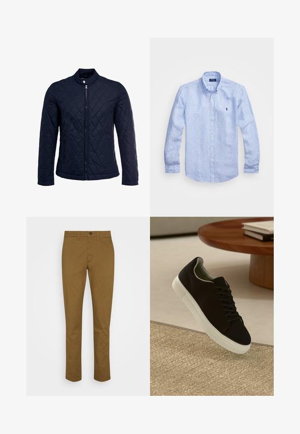 Merihenkinen tikattu takki, jossa on noususauma, täysin edessä vetoketju ja kaksi sivutaskua. Materiaali on sileäpintainen ja siinä on timanttikuvioita.; Sininen ja valkoinen raidoitettu pitkähihaisen paita, joka on valmistettu puuvillasta. Paidassa on napillinen kaulus, etunapit ja pieni kirjailtu logo rinnassa.; Ruskeat chinot, jotka on valmistettu puuvillasta. Suora lahjesuunnittelu, nappikiinnitys ja etutaskut. Sileä pinta, jossa on minimaalista yksityiskohtaisuutta.; Musta lenkkari, jossa on valkoinen pohja, kelluu vaaleanbeige texturoituneen maton yllä pyöreän puupöydän vieressä, jonka päällä on pinottu kirjoja.