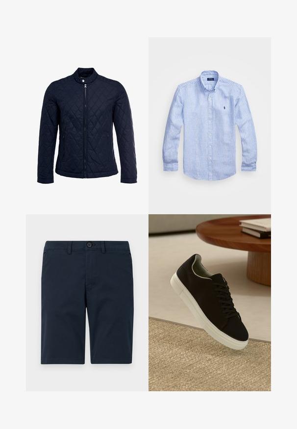 Námorníkovo prešívané sako s vysokým golierom, plným predným zipsom a dvoma bočnými vreckami. Materiál má hladkú textúru s diamantom vzorom.; Modrá a biela prúžkovaná košeľa s dlhými rukávmi vyrobená z bavlny, vybavená golierom na gombíky, prednými gombíkmi a malým vyšitým logom na hrudi.; Tmavomodré šortky vyrobené z bavlnenej zmesi, s gombíkovým zapínaním, poutkami na opasok a rovno strihaným lemom s minimálnym detailom.; Čierna teniska s bielou podrážkou plávajúca nad béžovým textúrovaným kobercom pri okrúhlom drevenom stole s hromadou kníh.
