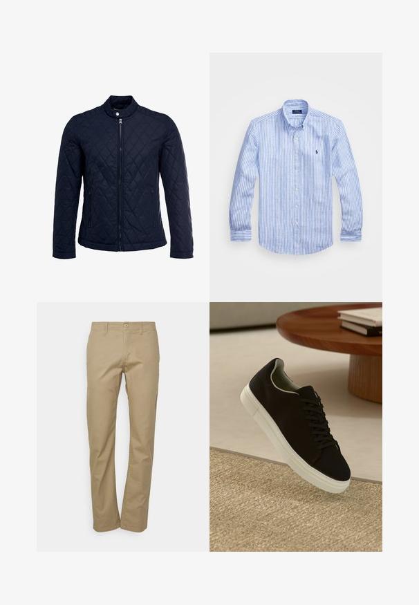 Námorníkovo prešívané sako s vysokým golierom, plným predným zipsom a dvoma bočnými vreckami. Materiál má hladkú textúru s diamantom vzorom.; Modrá a biela prúžkovaná košeľa s dlhými rukávmi vyrobená z bavlny, vybavená golierom na gombíky, prednými gombíkmi a malým vyšitým logom na hrudi.; Bežové chinos nohavice so strihom rovného nohavice, ktoré majú gombíkový uzáver, pútka na opasok a hladkú bavlnenú textúru.; Čierna teniska s bielou podrážkou plávajúca nad béžovým textúrovaným kobercom pri okrúhlom drevenom stole s hromadou kníh.