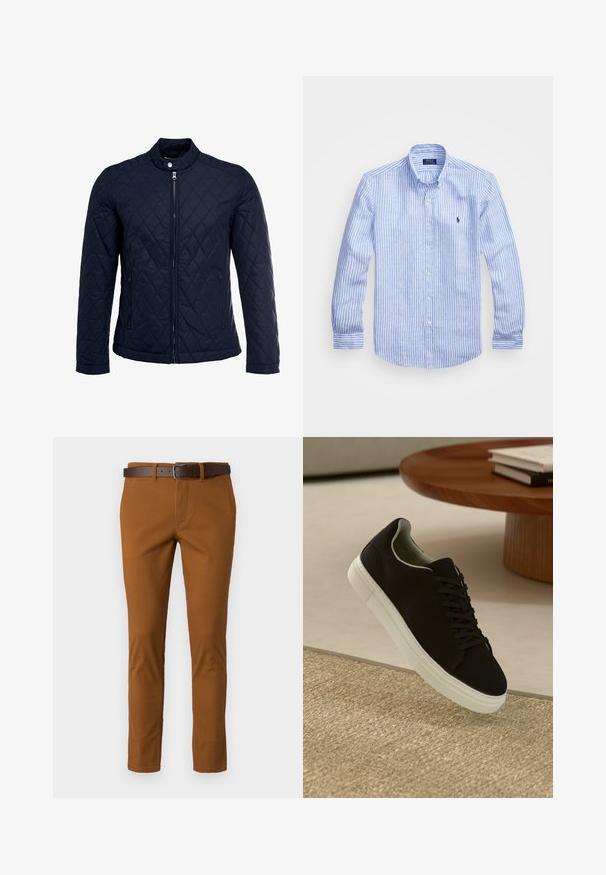 Mornarska jakna od ripsa s uzastopnim ovratnikom, punim prednjim zatvaračem i dva bočna džepa. Materijal ima glatku teksturu s dijamantnim uzorcima.; Plava i bijela prugasta košulja dugih rukava od pamuka, s ovratnikom na dugmad, prednjim dugmadi i malim izvezenim logom na prsima.; Smeđe pamučne hlače uskog kroja, s smešnim kožnim remenom i suptilnim detaljima šivanja. Glatka tekstura i kroj prilagođen figuri.; Crna tenisica s bijelim potplatom koja lebdi iznad bež teksturiranog tepiha pored okruglog drvenog stola sa složenim knjigama.
