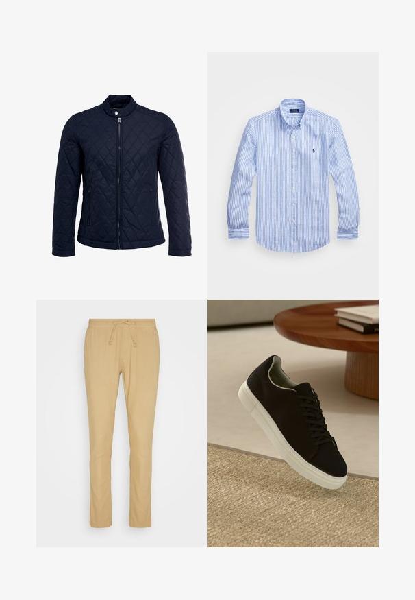 Tamsiai mėlynas užsegamas dubliažinis švarkas su stovinčiu apykakliu, visiškai užtraukiamas priekyje, ir dviem šoninėmis kišenėmis. Medžiaga turi lygią tekstūrą su deimantiniais raštais.; Mėlynos ir baltos dryžuotos ilgomis rankovėmis medvilninė marškiniai, turintys sagtelę ant apykaklės, priekinius mygtukus ir mažą išsiuvinėtą logotipą krūtinėje.; Šviesiai rudos kelnės, pagamintos iš lengvos medžiagos, turinčios elastingą juosmenį su raišteliu, tiesaus kirpimo ir lygios tekstūros.; Juodas sportinis batelis su baltu padu, lekiančius virš smėlio spalvos tekstūruoto kilimo šalia apvalaus medinio stalo su sukrautomis knygomis.