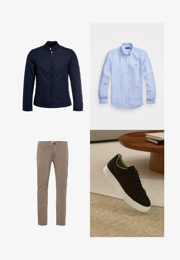 Veste matelassée bleu marine avec col montant, fermeture éclair sur le devant et deux poches latérales. Le matériau a une texture lisse avec des motifs en losange.; Chemise à rayures bleues et blanches à manches longues en coton, dotée d'un col boutonné, de boutons sur le devant et d'un petit logo brodé sur la poitrine.; Pantalon marron slim en tissu texturé, avec fermeture boutonnée à l'avant, passants pour ceinture et poches classiques.; Baskets noires avec semelle blanche flottant au-dessus d'un tapis texturé beige, près d'une table en bois ronde avec des livres empilés.