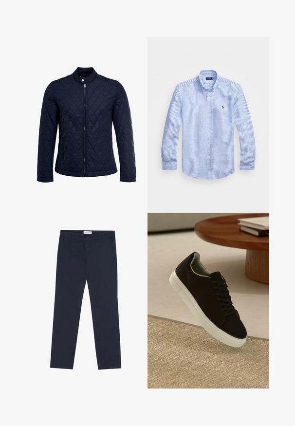 Mornarsko podloženo jakno z dvignjenim ovratnikom, polnim zadrgo in dvema stranskima žepoma. Material ima gladko teksturo s diamantnimi vzorci.; Modra in bela prugasta srajca z dolgimi rokavi iz bombaža, s kragnico na gumb, sprednjimi gumbi in majhnim izvezenim logotipom na prsih.; Mornarsko modri chino hlače iz bombaža z gladko teksturo, z zadrgo, pasom za pas in stranskimi žepi za funkcionalnost.; Črni športni copat z belim podplatom lebdi nad bež teksturiranim preprogam blizu okroglega lesenega mize z zloženimi knjigami.