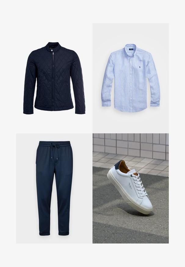 Marinefarbenes wattiertes Jackett mit Stehkragen, durchgehendem Reißverschluss und zwei seitlichen Taschen. Das Material hat eine glatte Textur mit Rautenmuster.; Blau-weißer gestreifter Langarmshirt aus Baumwolle mit einem Button-Down-Kragen, Frontknöpfen und einem kleinen gestickten Logo auf der Brust.; Only & Sons SLINUS - Jogginghose - navy; Weiße Ledersneaker mit navyfarbenem Fersenbereich, runder Zehenpartie und kontrastierenden braunen Akzenten. Verfügt über flache Schnürsenkel und eine strukturierte Gummisohle.