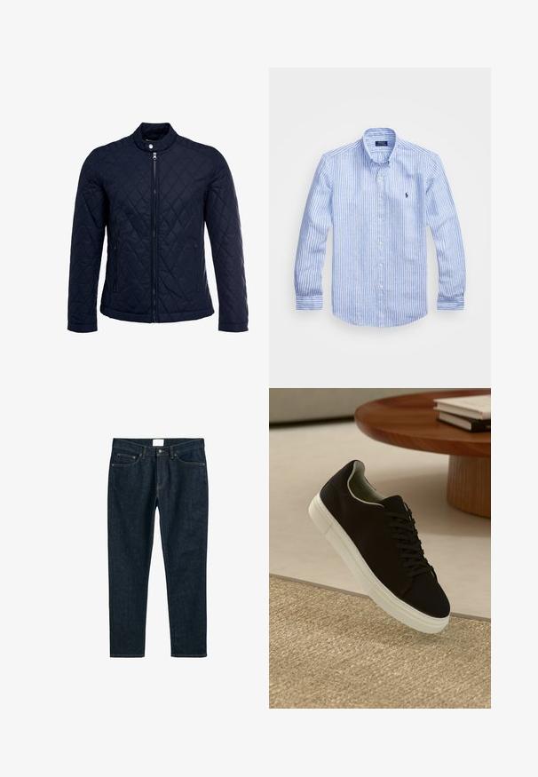 Casaco acolchoado azul-marinho com gola elevada, fecho de correr à frente e dois bolsos laterais. O material tem uma textura suave com padrões de diamante.; Camisa de manga longa azul e branca com riscas, feita de algodão, apresentando um colarinho abotoado, botões frontais e um pequeno logotipo bordado no peito.; Jeans de denim azul escuro, corte reto, com cinco bolsos, fecho por botão e costura em contraste. Textura suave com um design clássico.; Sneaker preto com sola branca flutuando acima de um tapete texturizado bege, perto de uma mesa redonda de madeira com livros empilhados.