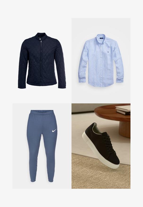 Marineblå quiltet jakke med stått krage, hel frontglidelås og to sidelommer. Materialet har en glatt tekstur med diamantmønster.; Blå og hvit stripete langermet skjorte laget av bomull, med knappekrage, frontknapper og en liten brodert logo på brystet.; Nike sweatpants i mørkeblå, som har elastisk midjebånd, smale ben og en hvit logo på venstre lår. Myk, glatt tekstur.; Svart sneakers med hvit såle som svever over en beige teksturert teppe nær et rundt trebord med stablede bøker.