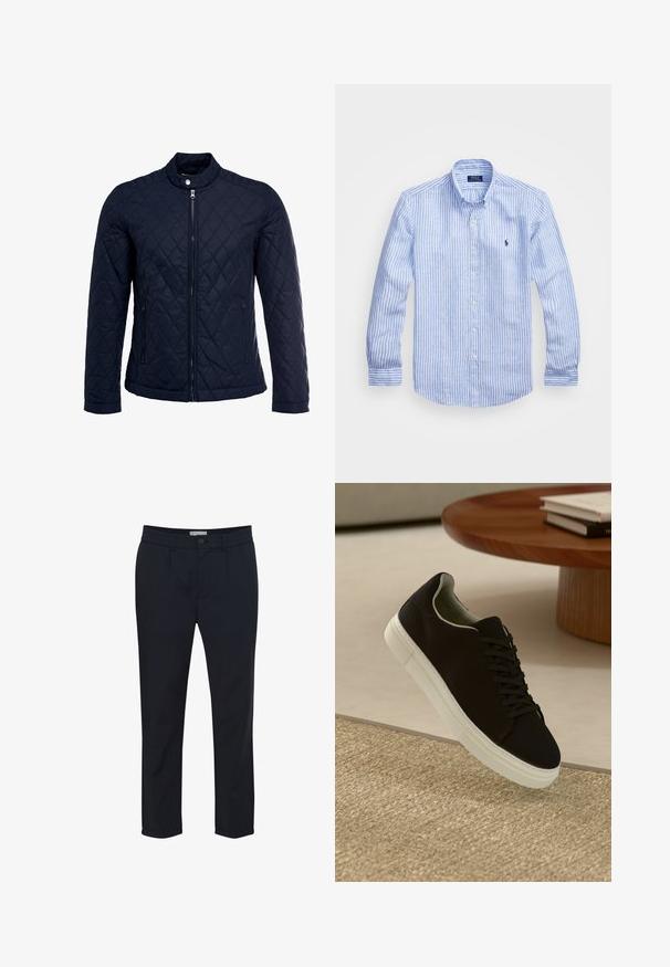 Veste matelassée bleu marine avec col montant, fermeture éclair sur le devant et deux poches latérales. Le matériau a une texture lisse avec des motifs en losange.; Chemise à rayures bleues et blanches à manches longues en coton, dotée d'un col boutonné, de boutons sur le devant et d'un petit logo brodé sur la poitrine.; Pantalon bleu marine en tissu lisse, avec une coupe standard, passants de ceinture, fermeture à bouton sur le devant et deux poches latérales.; Baskets noires avec semelle blanche flottant au-dessus d'un tapis texturé beige, près d'une table en bois ronde avec des livres empilés.