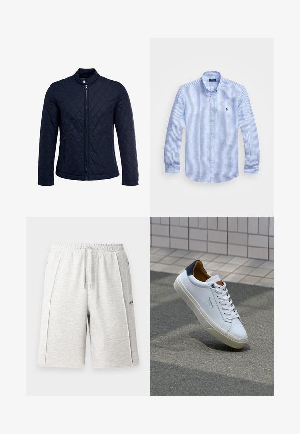 Mornarska jakna od ripsa s uzastopnim ovratnikom, punim prednjim zatvaračem i dva bočna džepa. Materijal ima glatku teksturu s dijamantnim uzorcima.; Plava i bijela prugasta košulja dugih rukava od pamuka, s ovratnikom na dugmad, prednjim dugmadi i malim izvezenim logom na prsima.; Svijetlosive kratke hlače srednje dužine izrađene od mekanog materijala, s elastičnom trakom za struk i vezicom, te bočnim džepovima. Suptilan detalj s logotipom.; Bijela kožna tenisica s mornarskom petom, okruglim vrhom i kontrastnim smešnim akcentima. Sadrži ravne vezice i teksturiranu gumenu potplat.