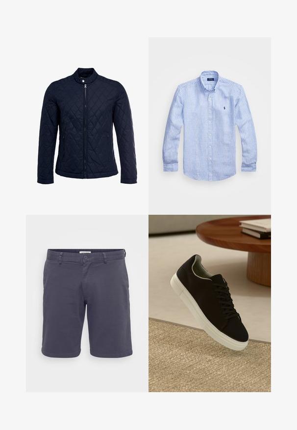 Mornarska jakna od ripsa s uzastopnim ovratnikom, punim prednjim zatvaračem i dva bočna džepa. Materijal ima glatku teksturu s dijamantnim uzorcima.; Plava i bijela prugasta košulja dugih rukava od pamuka, s ovratnikom na dugmad, prednjim dugmadi i malim izvezenim logom na prsima.; Muške tamnosive kratke hlače izrađene od laganog materijala, s kopčanjem na dugme, petljama za remen i jednostavnim dizajnom bez vidljivih uzoraka.; Crna tenisica s bijelim potplatom koja lebdi iznad bež teksturiranog tepiha pored okruglog drvenog stola sa složenim knjigama.