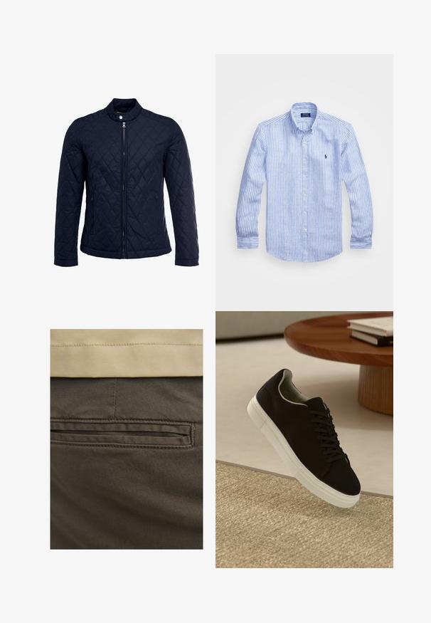 Marineblå quiltet jakke med ståkrave, fuld lynlås foran og to sidelommer. Materialet har en glat tekstur med diamantmønstre.; Blå og hvid stribet langærmet skjorte lavet af bomuld, med knap-ned krave, frontknapper og et lille broderet logo på brystet.; Brune bomuldsbukser med en synlig baglomme, prydet med diskrete syninger og en glat tekstur. Linningen har en kontrasterende beige farve.; Sort sneaker med hvid sål svævende over en beige tekstureret tæppe nær et rundt trætabel med stablede bøger.
